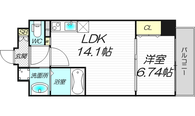 プライムコート神崎川201号室の1LDKの間取り図
